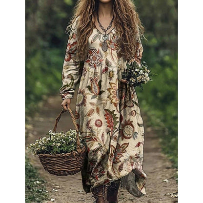 Retro Print V Neck Long Sleeve Dress