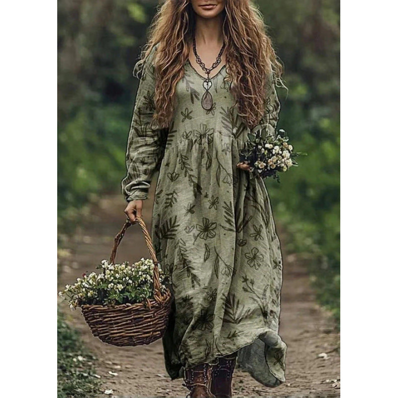 Retro Print V Neck Long Sleeve Dress