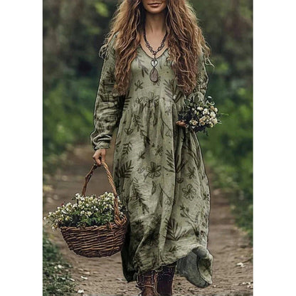 Retro Print V Neck Long Sleeve Dress