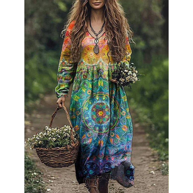 Retro Print V Neck Long Sleeve Dress