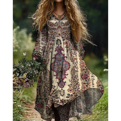 Retro Print V Neck Long Sleeve Dress