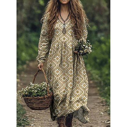 Retro Print V Neck Long Sleeve Dress