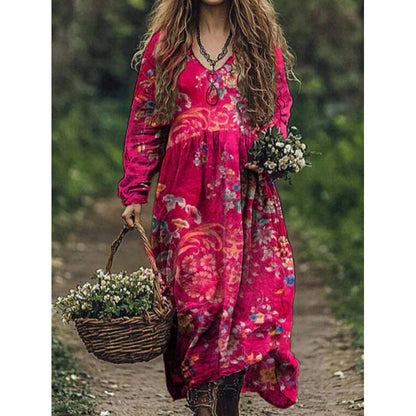 Retro Print V Neck Long Sleeve Dress