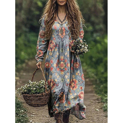 Retro Print V Neck Long Sleeve Dress