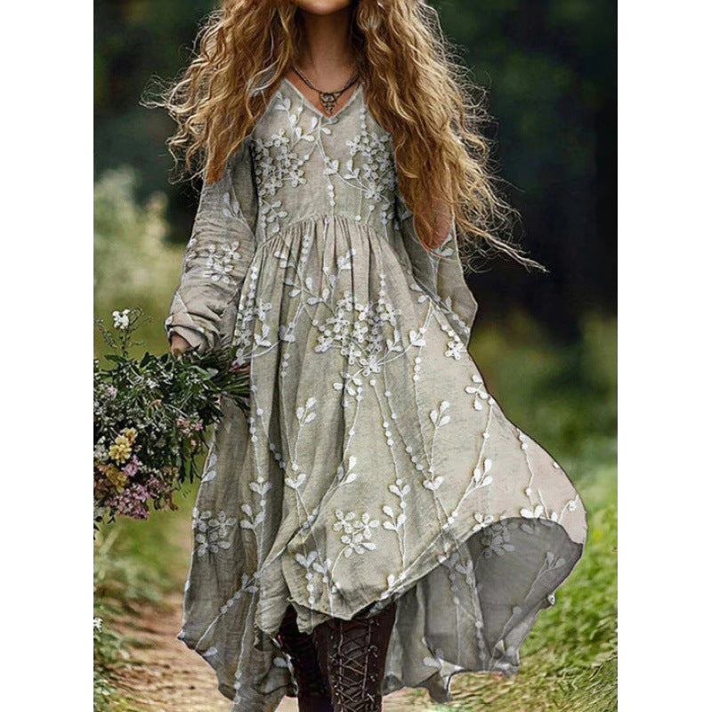 Retro Print V Neck Long Sleeve Dress