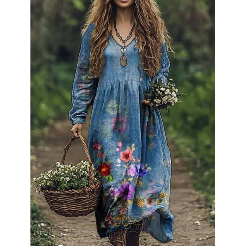 Retro Print V Neck Long Sleeve Dress