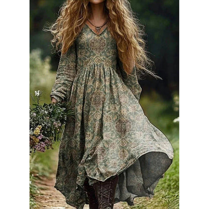 Retro Print V Neck Long Sleeve Dress