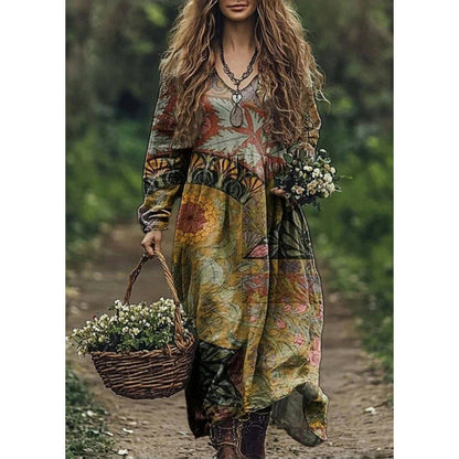 Retro Print V Neck Long Sleeve Dress