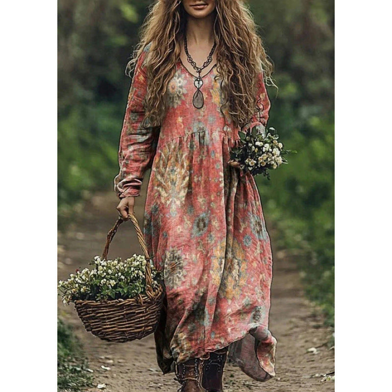 Retro Print V Neck Long Sleeve Dress