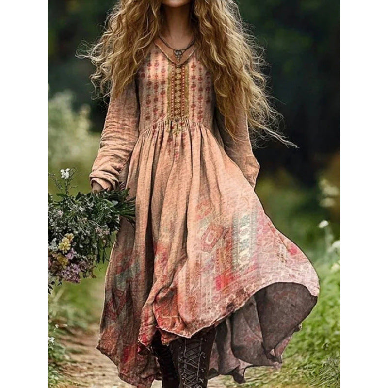 Retro Print V Neck Long Sleeve Dress