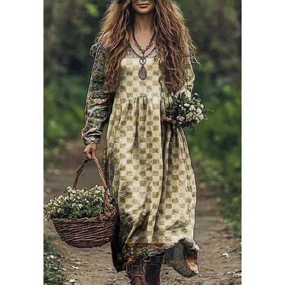 Retro Print V Neck Long Sleeve Dress