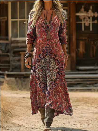 Retro Print V-Neck Long Sleeve Dress