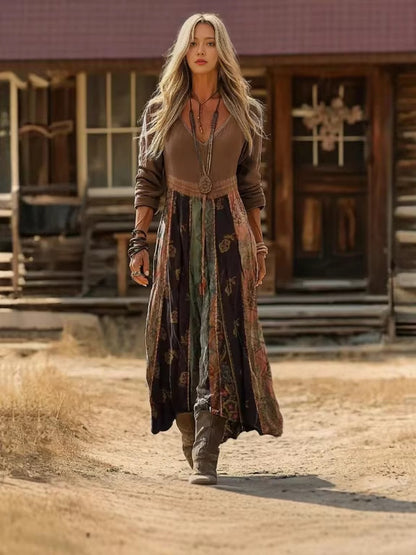 Retro Print V-Neck Long Sleeve Dress