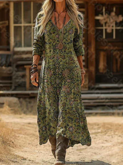 Retro Print V-Neck Long Sleeve Dress