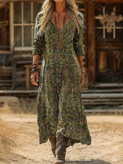 Retro Print V-Neck Long Sleeve Dress