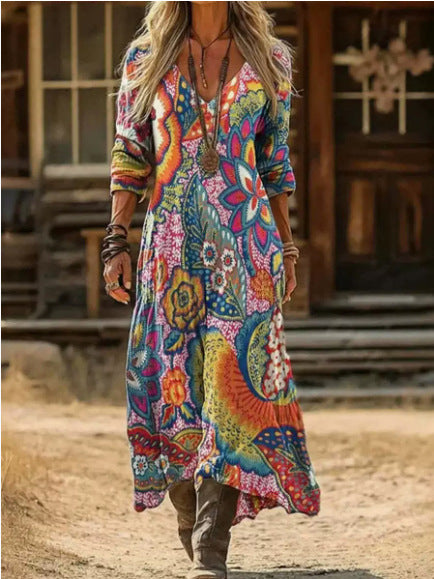 Retro Print V-Neck Long Sleeve Dress