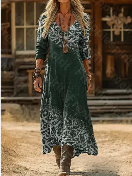 Retro Print V-Neck Long Sleeve Dress
