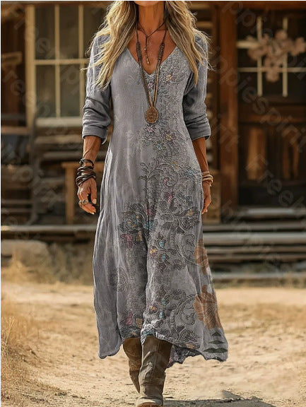 Retro Print V-Neck Long Sleeve Dress