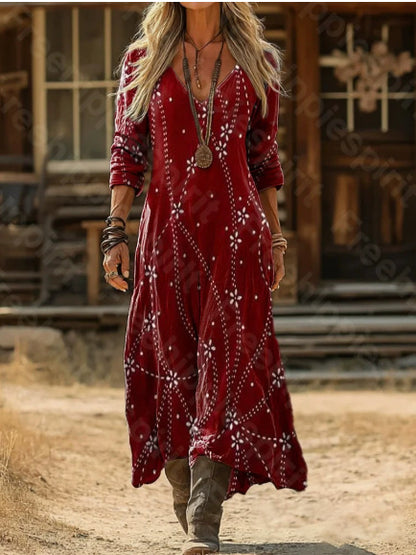 Retro Print V-Neck Long Sleeve Dress