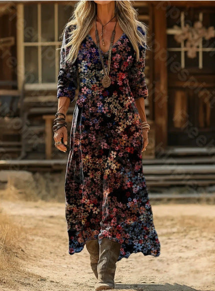 Retro Print V-Neck Long Sleeve Dress