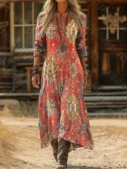 Retro Print V-Neck Long Sleeve Dress