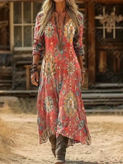 Retro Print V-Neck Long Sleeve Dress