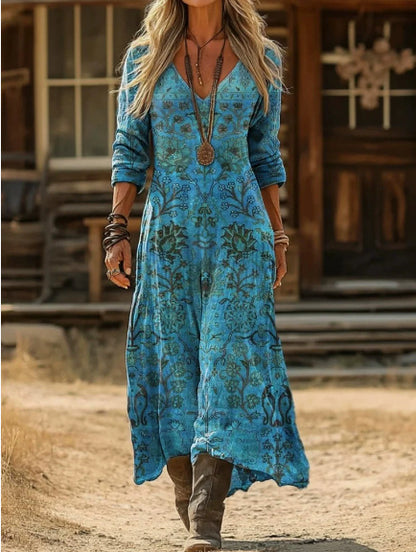 Retro Print V-Neck Long Sleeve Dress