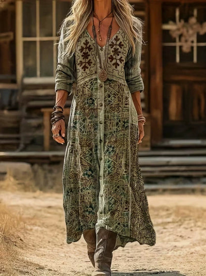 Retro Print V-Neck Long Sleeve Dress