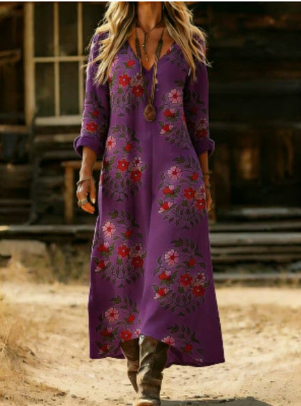 Retro Print V-Neck Long Sleeve Dress
