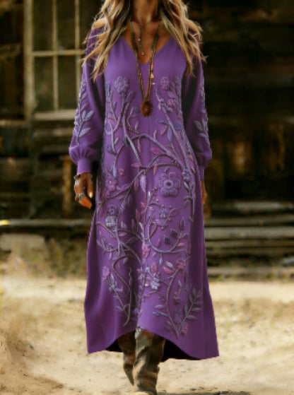 Retro Print V-Neck Long Sleeve Dress