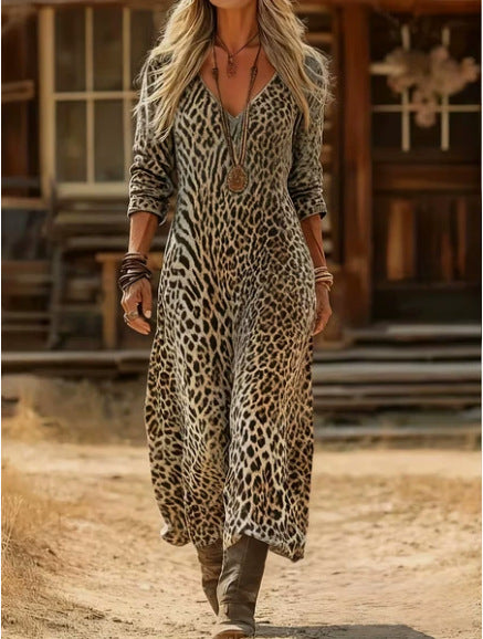 Retro Print V-Neck Long Sleeve Dress
