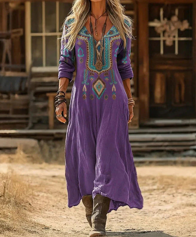 Retro Print V-Neck Long Sleeve Dress