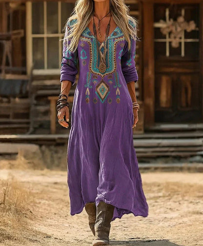 Retro Print V-Neck Long Sleeve Dress