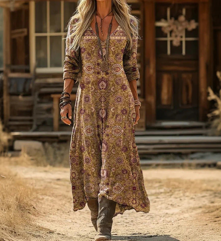 Retro Print V-Neck Long Sleeve Dress