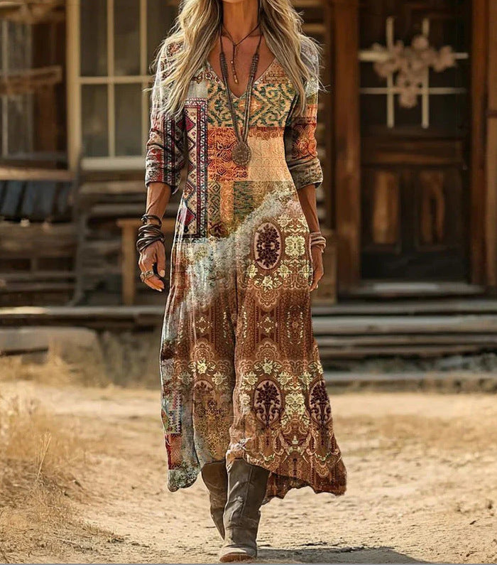 Retro Print V-Neck Long Sleeve Dress