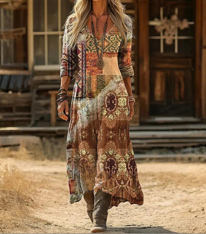 Retro Print V-Neck Long Sleeve Dress