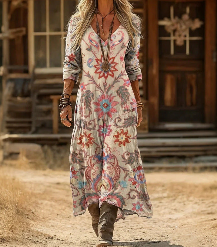 Retro Print V-Neck Long Sleeve Dress