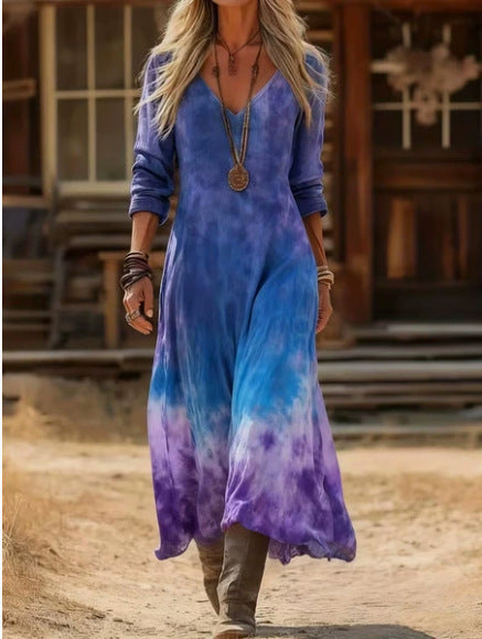 Retro Print V-Neck Long Sleeve Dress