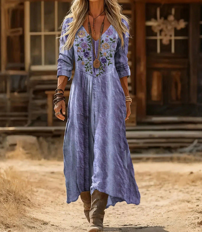 Retro Print V-Neck Long Sleeve Dress
