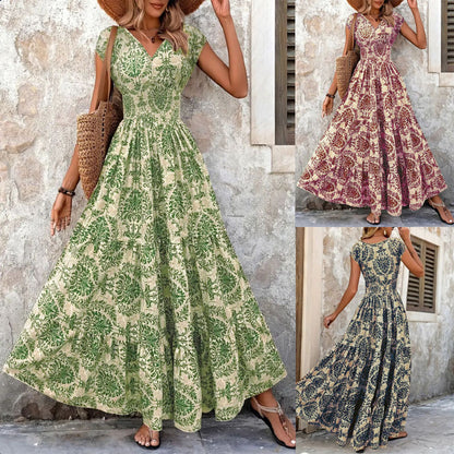 Retro Printed Dress Fashionable and Elegant V Neck Short-Sleeved Dress