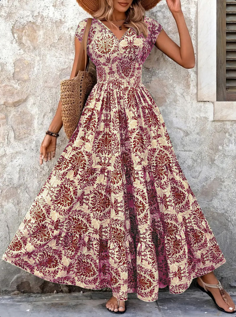 Retro Printed Dress Fashionable and Elegant V Neck Short-Sleeved Dress