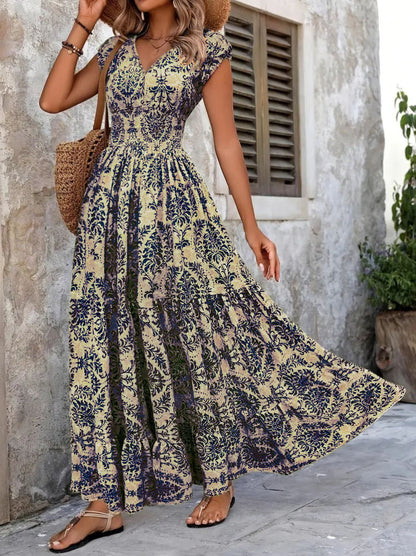 Retro Printed Dress Fashionable and Elegant V Neck Short-Sleeved Dress
