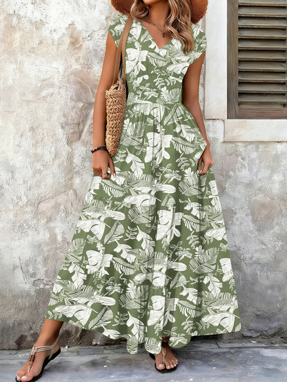 Retro Printed Dress Fashionable and Elegant V Neck Short-Sleeved Dress