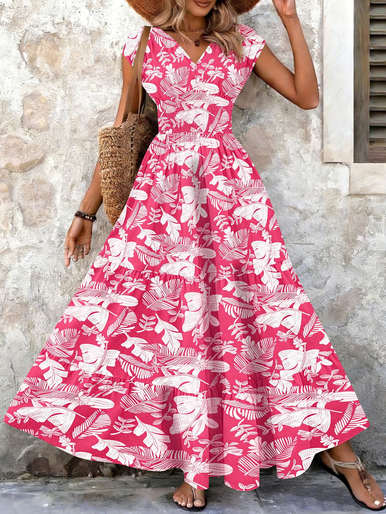 Retro Printed Dress Fashionable and Elegant V Neck Short-Sleeved Dress