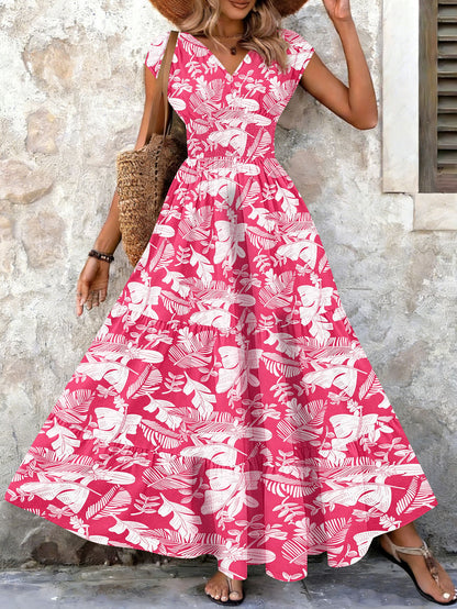 Retro Printed Dress Fashionable and Elegant V Neck Short-Sleeved Dress