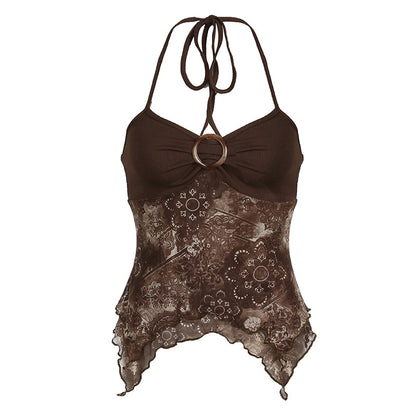 Retro printed irregularly hemmed halter vest