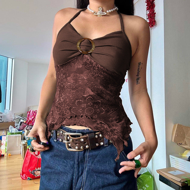 Retro printed irregularly hemmed halter vest