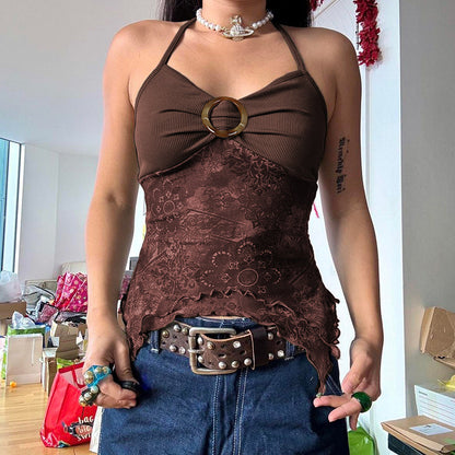 Retro printed irregularly hemmed halter vest