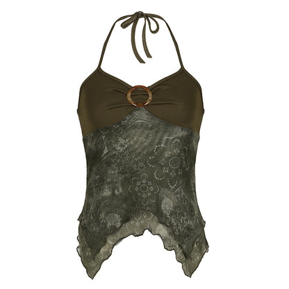 Retro printed irregularly hemmed halter vest