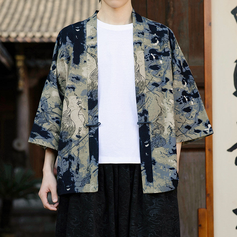 Retro Printed Men's Cardigan Summer Loose Buttoned Jacket